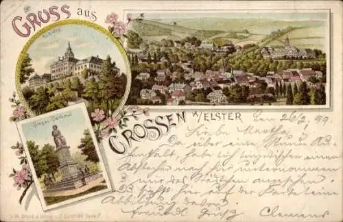 Litho Crossen an der Elster Thüringen, Gesamtansicht, Schloss, Sieges-Denkmal