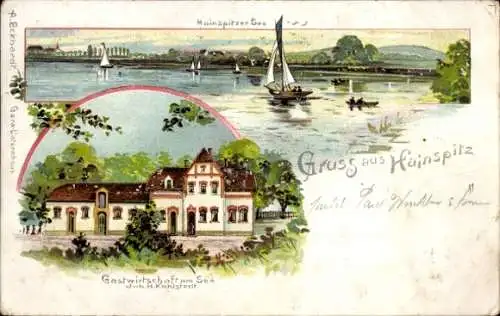 Litho Hainspitz in Thüringen, Gastwirtschaft am See, Segelboote auf dem Wasser