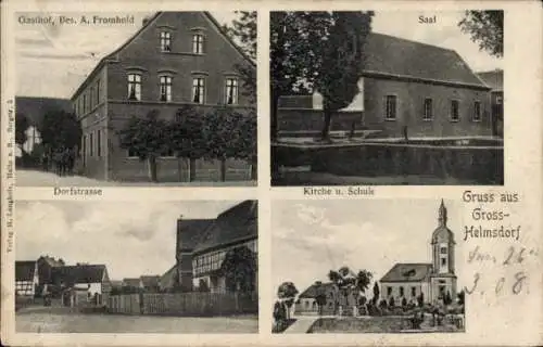 Ak Großhelmsdorf Heideland in Thüringen, Gasthof, Saal, Dorfstraße, Kirche, Schule