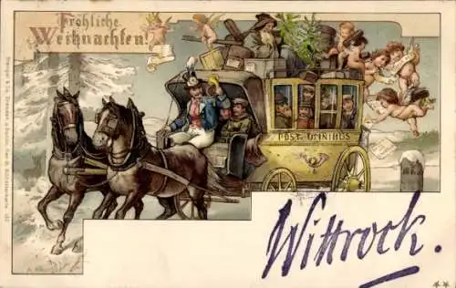 Künstler Litho Brunner, A., Glückwunsch Weihnachten, Postkutsche, Engel, Pakete