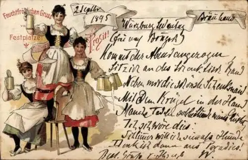 Vorläufer Litho Festplatz, Frauen in Volkstracht, Bierkrug, Fest