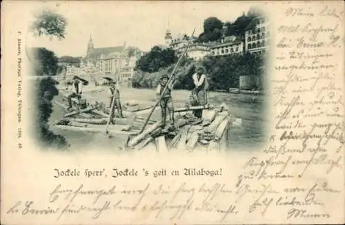 Ak Tübingen am Neckar, Flößer, Holzstämme