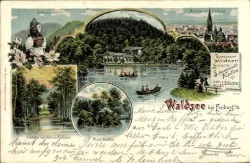 Litho Freiburg im Breisgau, Restaurant Waldsee, Schloss Karthaus, Musik-Pavillon, Schwarzwälderin