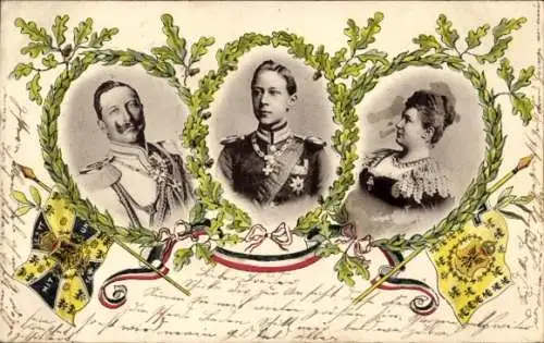 Passepartout Ak Kaiser Wilhelm II., Kaiserin Auguste, Kronprinz Wilhelm, Fahnen