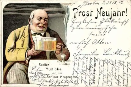 Litho Glückwunsch Neujahr, Rentier Mudicke von der Berliner Morgenpost