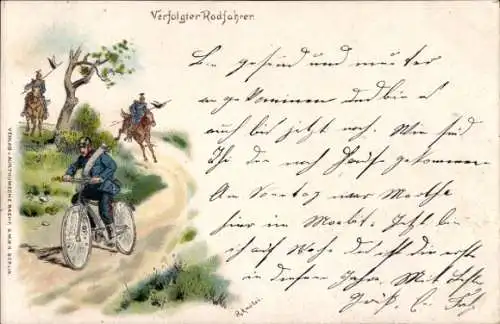Litho Verfolgter Radfahrer, Deutsche Soldaten, Kaiserzeit