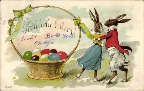 Litho Glückwunsch Ostern, Tanzende Osterhasen, Ostereierkorb