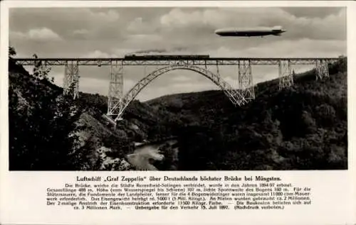Ak Solingen Nordrhein Westfalen, Müngstener Brücke, Luftschiff Graf Zeppelin