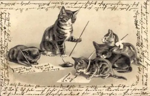 Präge Litho Katzen schreiben Briefe, Tinte, Feder