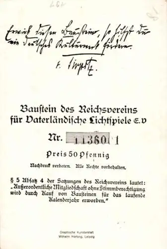 Künstler Ak Gerhard von Scharnhorst, Baustein des Reichsvereins für Vaterländische Lichtspiele