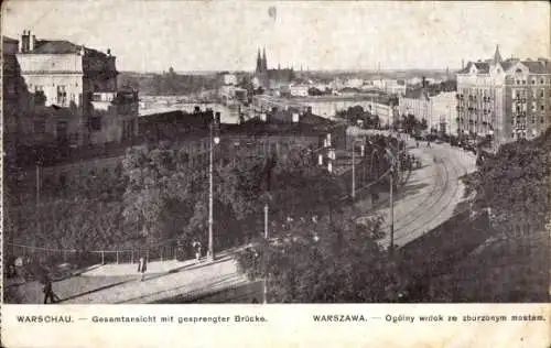 Ak Warszawa Warschau Polen, Gesamtansicht mit gesprengter Brücke, Kriegszerstörungen, I WK