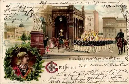 Litho Potsdam, Neues Palais, Kaiser Wilhelm II. an der Spitze der Fahnenkompanie