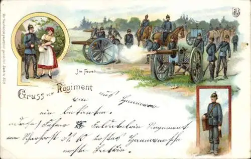 Litho Gruß vom Regiment, Artillerie, Soldaten am Geschütz