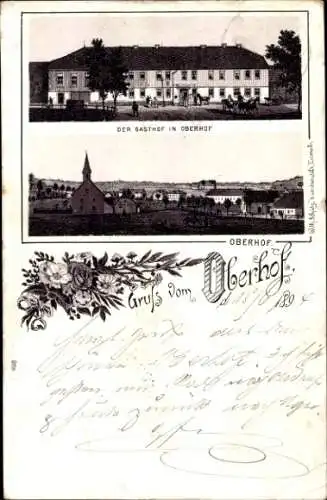 Vorläufer Litho Oberhof im Thüringer Wald, Gasthof, Panorama vom Ort, Blumen, 1894