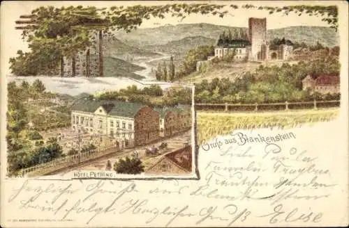 Vorläufer Litho Blankenstein Hattingen im Ennepe Ruhr Kreis, Hotel Petring, Burg, 1894