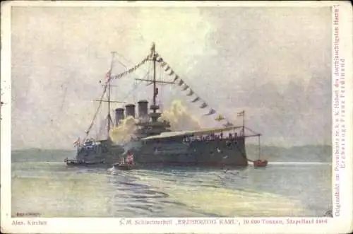 Künstler Ak Kircher, Alex, Österreichisches Kriegsschiff, SMS Erzherzog Karl, Schlachtschiff