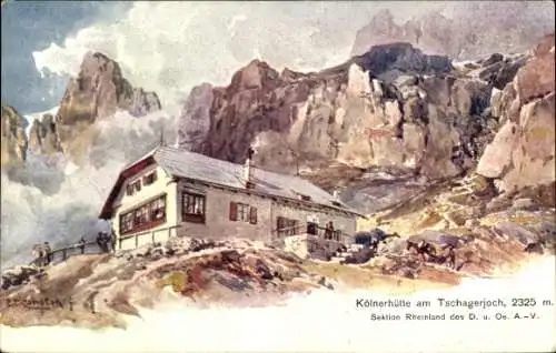 Künstler Ak Compton, E.T., Tschagerjoch Südtirol, Kölner Hütte