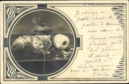 Passepartout Ak Jungkatze auf Nähbank mit Knäul und Schere