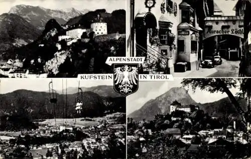 Ak Kufstein in Tirol, Wappen, Teilansicht, Straßenpartie, Seilbahn, Auracher Löchl