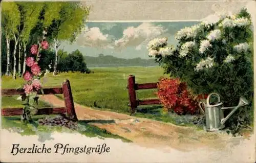 Litho Glückwunsch Pfingsten, Landschaft, Weg, Gießkanne