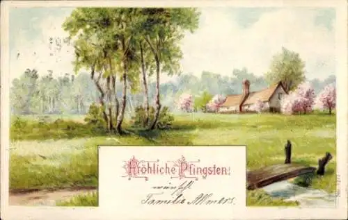 Künstler Ak Fröhliche Pfingsten, Dorfpartie, Haus, kleine Brücke