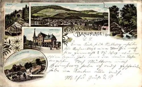 Litho Braunlage im Oberharz, Panorama, Berghotel, Wasserfall, Klippe