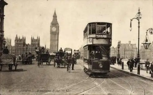 Ak London City, Westminster Bridge, Big Ben, Straßenbahn