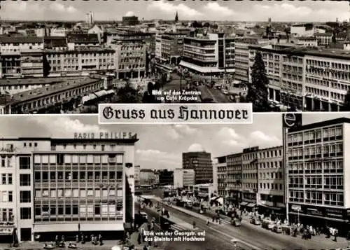 Ak Hannover in Niedersachsen, Zentrum, Café Kröpcke, Steintor, Hochhaus, Blick von der Georgstraße