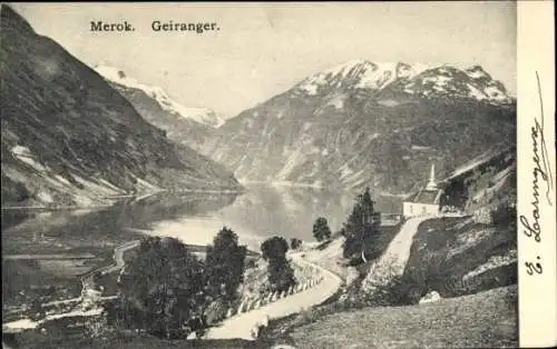 Ak Merok Geiranger Norwegen, Landschaftsblick, Kapelle