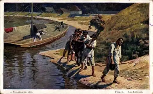 Künstler Ak Stroynowski, Flisney, Männer ziehen ein Boot, Treidel