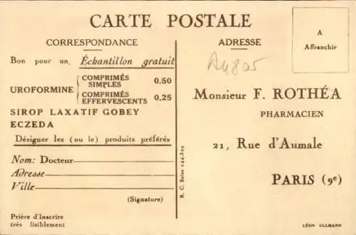 Ak Paris IX, Reklame, Pharmacien F. Rothea, Uroformine, Gobey