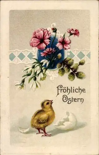 Präge Ak Glückwunsch Ostern, Küken, Weidenkätzchen, Blumen, Eierschalen