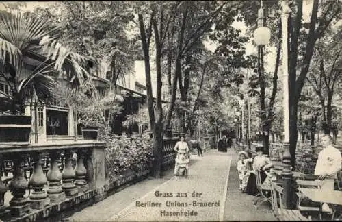 Ak Berlin Neukölln, Hasenheide, Berliner Unions Brauerei, Garten, Kinderwagen, Personen