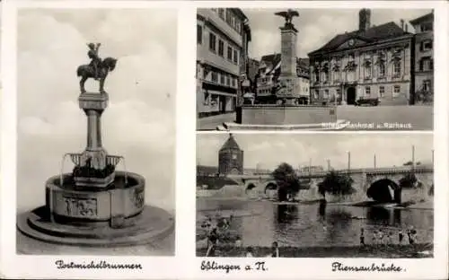 Ak Esslingen am Neckar, Postmichelbrunnen, Pliensaubrücke, Kriegerdenkmal, Rathaus