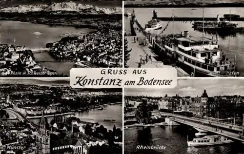 Ak Konstanz am Bodensee, Rhein, Hafen, Rheinbrücke, Münster