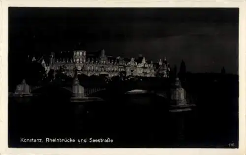 Ak Konstanz am Bodensee, Rheinbrücke, Seestraße, Nacht