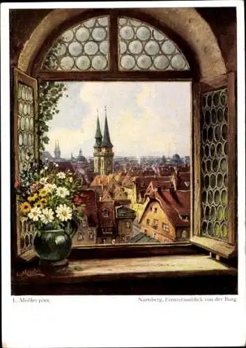 Künstler Ak Mößler, Ludwig, Nürnberg in Mittelfranken Bayern, Fensterausblick von der Burg