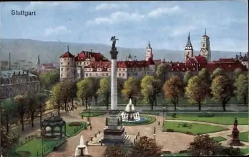 Ak Stuttgart in Württemberg, Altes Schloss, Springbrunnen, Säule