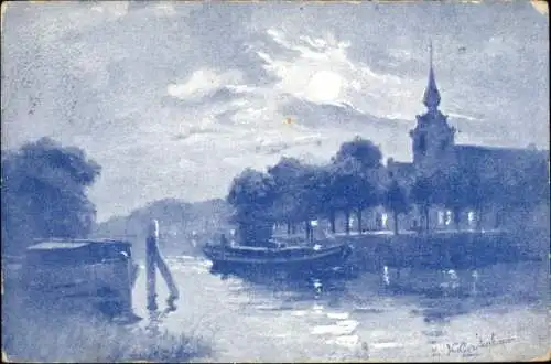 Künstler Ak Gerstenhauer, Johann Georg, niederländisches Motiv, Kirche im Mondschein, Kanal