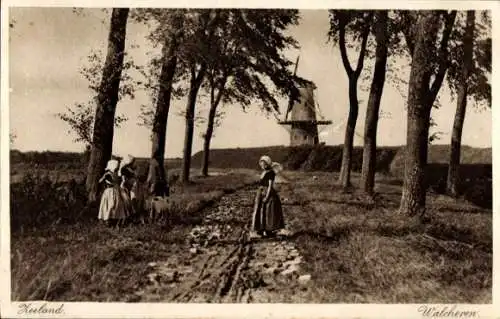 Ak Walcheren Zeeland, Volkstrachten, Windmühle