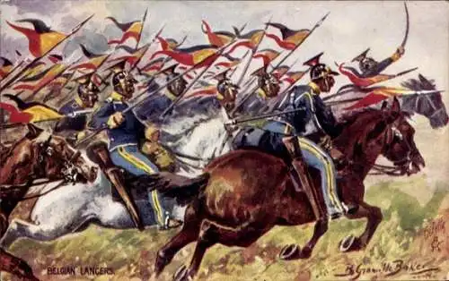 Künstler Ak Belgian Lancers, Pferdestaffel im Angriff, Fahnen