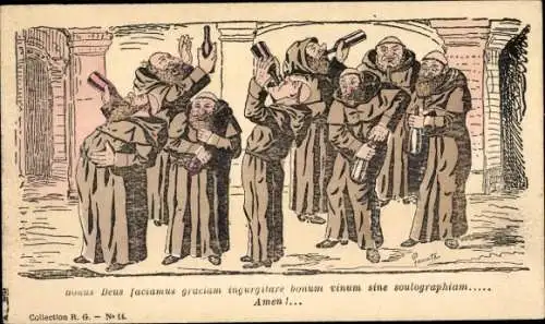 Künstler Ak Betrunkene Mönche, Weinflaschen