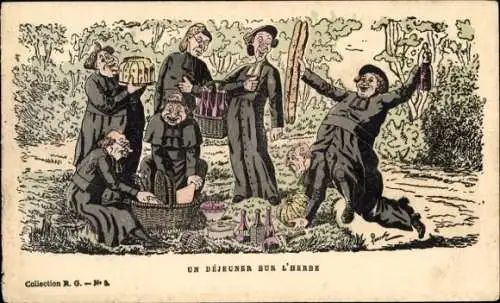 Künstler Ak Betrunkene Mönche bei einem Picknick, Weinflaschen, Essen