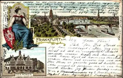 Wappen Litho Frankfurt am Main, Der Römer, Gesamtansicht, Brücke