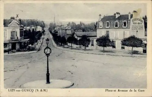 Ak Lizy sur Ourcq Seine et Marne, Place und Avenue de la Gare