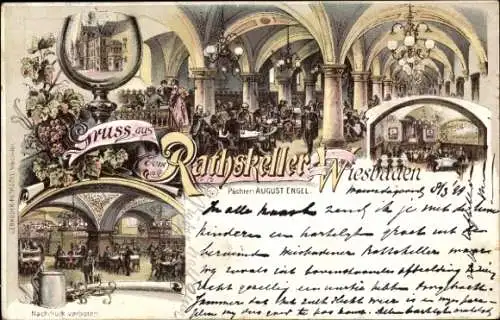 Litho Wiesbaden in Hessen, Gasthaus Ratskeller, Innenansicht, Pächter August Engel