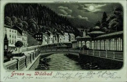 Mondschein Litho Bad Wildbad im Schwarzwald, Olgastraße, Trinkhalle