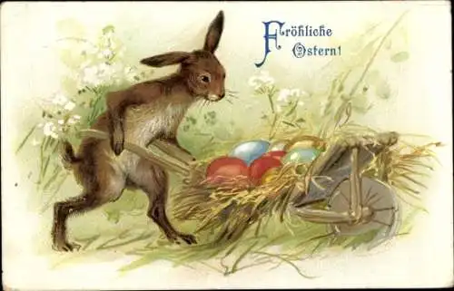 Präge Ak Glückwunsch Ostern, Osterhase, Schubkarre, Ostereier