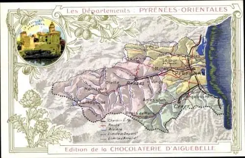 Landkarten Ak Pyrénées Orientales, Reklame Chocolaterie d'Aiguebelle, Prades, Perpignan