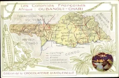 Landkarten Ak Oubangui-Chari, Reklame Chocolaterie d’Aiguebelle, Village Indigene